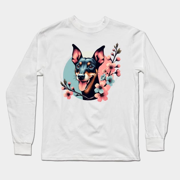 Manchester Terrier Revels in Spring Cherry Blossoms Long Sleeve T-Shirt by ArtRUs